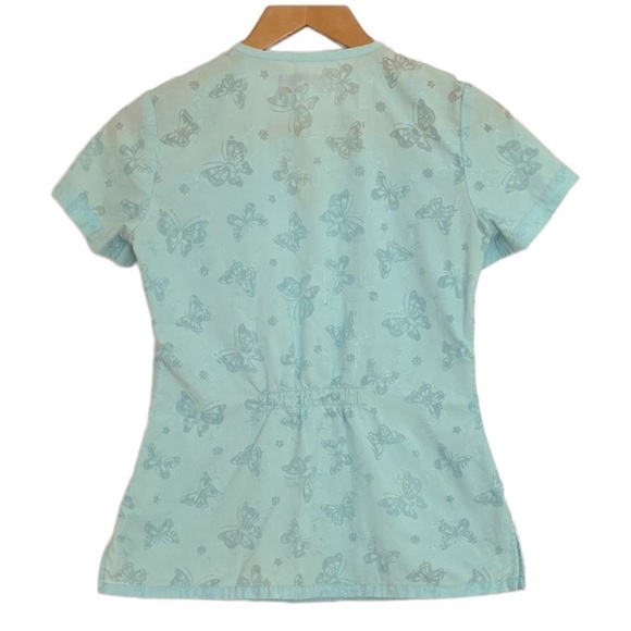 KOI turquoise scrub uniform top. Butterfly print & embroidery. Size XS - Picture 2 of 9